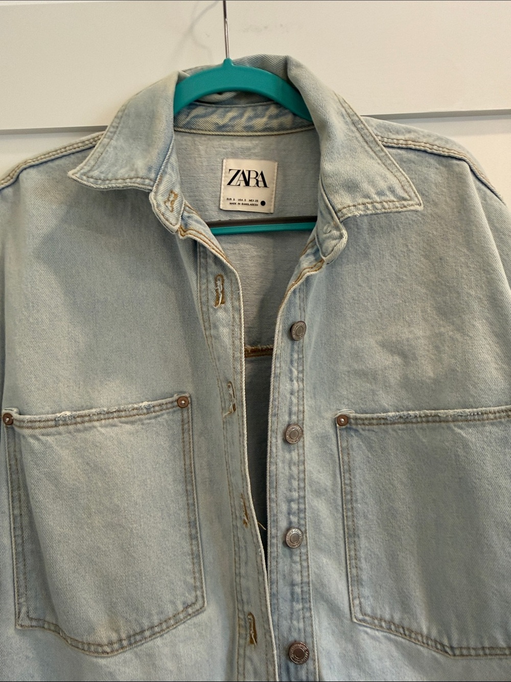 ZARA Light Wash Denim Utility Shacket Oversized Pocket Jacket S - Picture 3 of 5